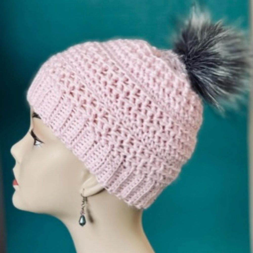 Pink Beanie with fauxfur pompom. - Picture 1 of 3